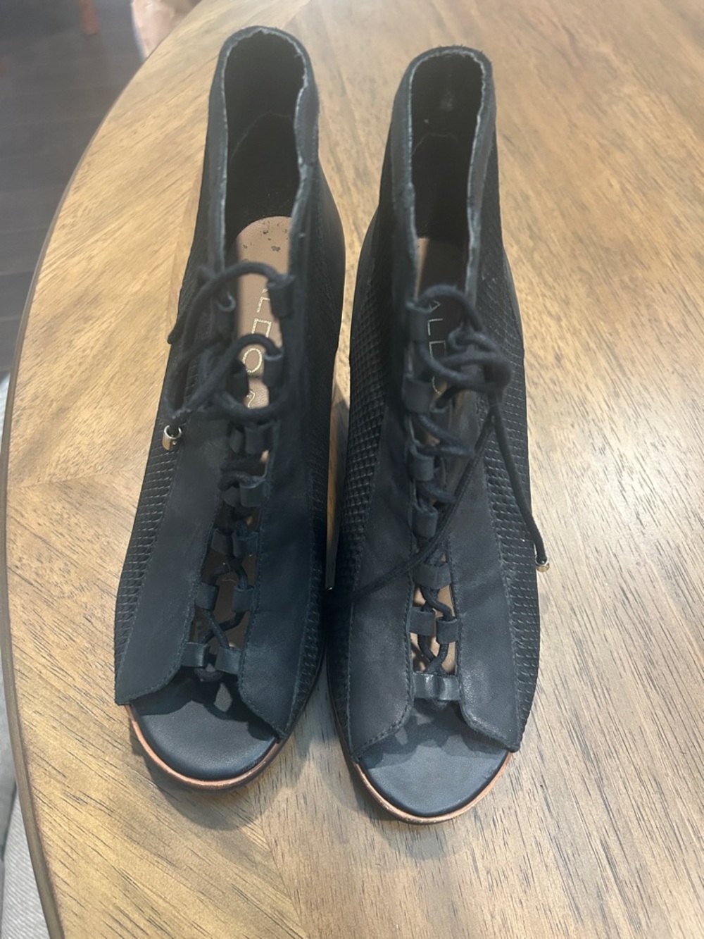 Aldo Black Lace-Up Peep Toe Heeled Booties